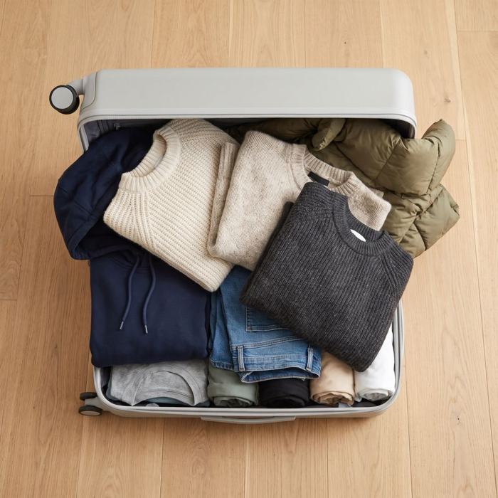 Maleta de cabina desbordada de ropa que no cierra