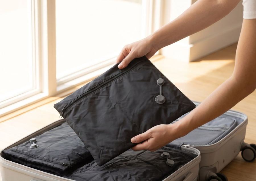 Metiendo una bolsa Zenofast sin aire en la maleta de cabina